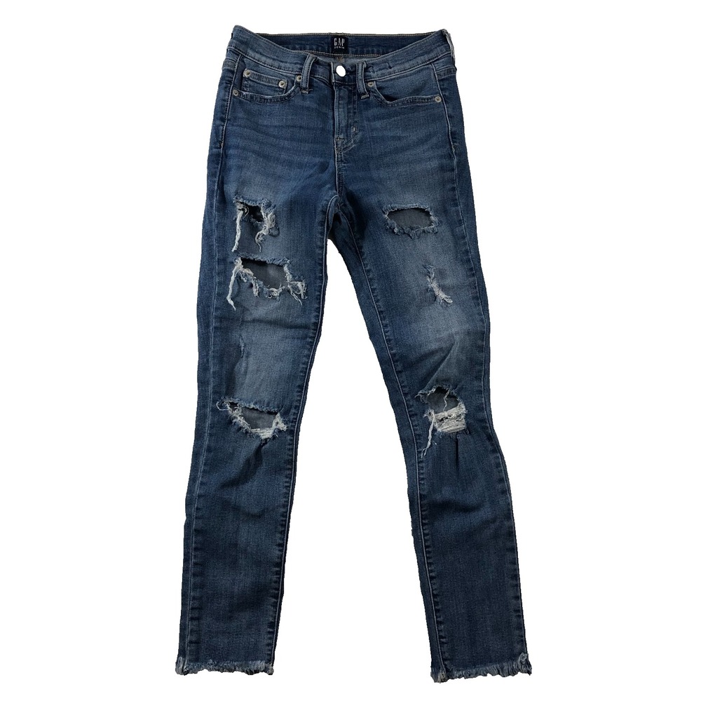 Gap True Skinny Jeans‎ Women's 26 Blue Denim Distressed Raw Hem Grunge Ripped